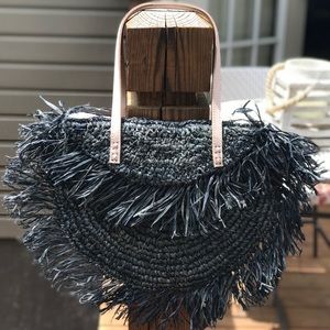 Fringe Straw Bag with Real Leather Strap